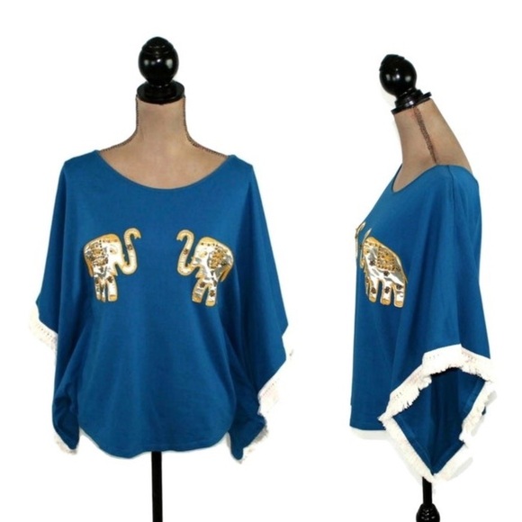 VaVa Appliqued Elephant, Blue Tunic Top, Angel Sleeve Poncho with Fringe, Size M - Picture 5 of 8